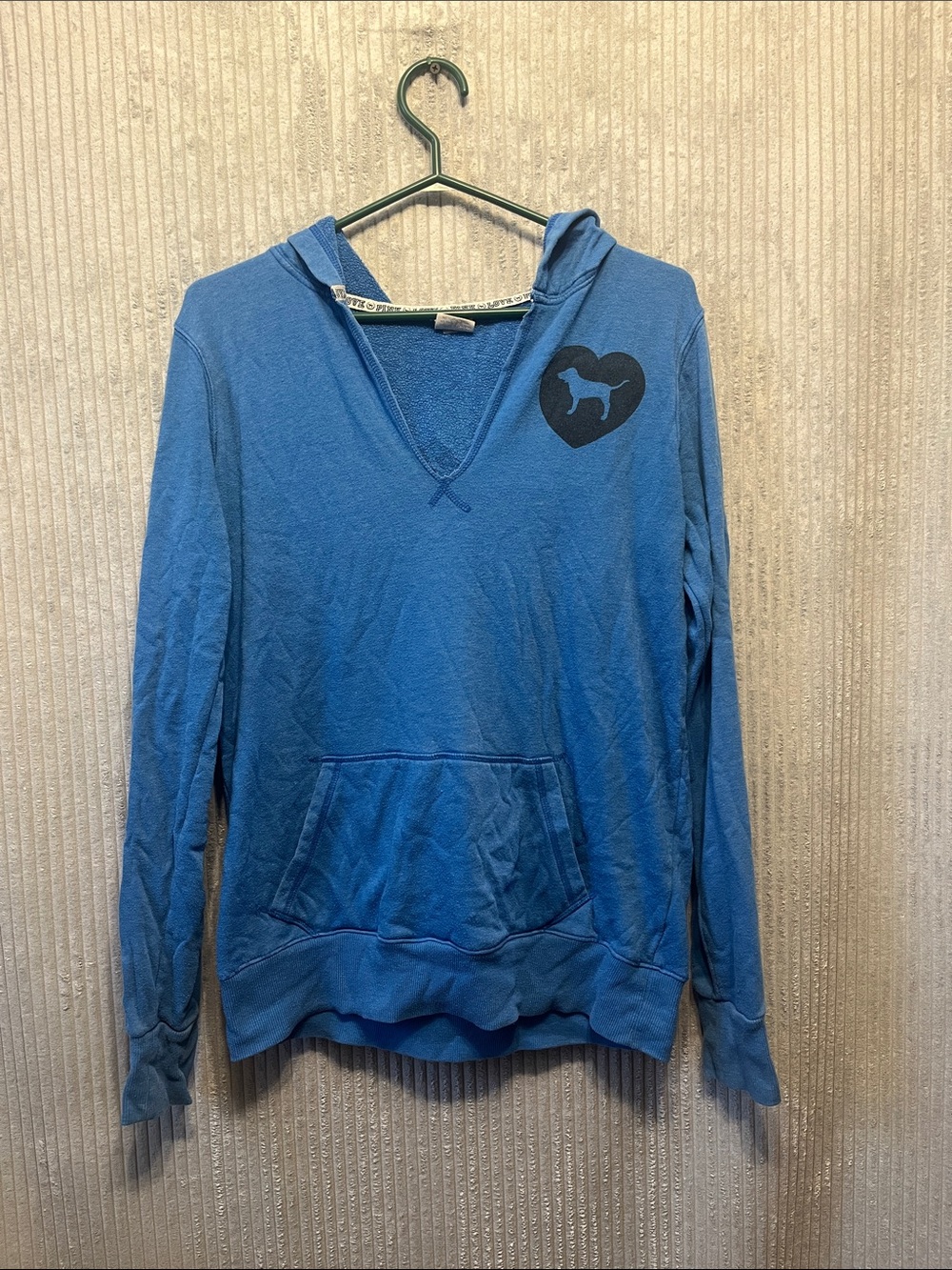 Victoria's Secret Blue V-Neck Hooded Pullover with Heart Dog Graphic small